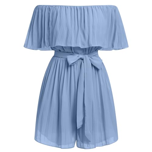FYMNSI Damen Off Shoulder Jumpsuit Schulterfreier Chiffon Jumpsuit Kurz Playsuit Overall mit G�rtel R�schen Plissee Elegant Mini Playsuit Boho Strand Rompers Bodysuit Strampler Partykleid Blau L von FYMNSI