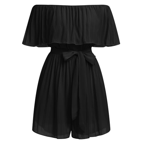 FYMNSI Damen Off Shoulder Jumpsuit Schulterfreier Chiffon Jumpsuit Kurz Playsuit Overall mit G�rtel R�schen Plissee Elegant Mini Playsuit Boho Strand Rompers Bodysuit Strampler Partykleid Schwarz XL von FYMNSI