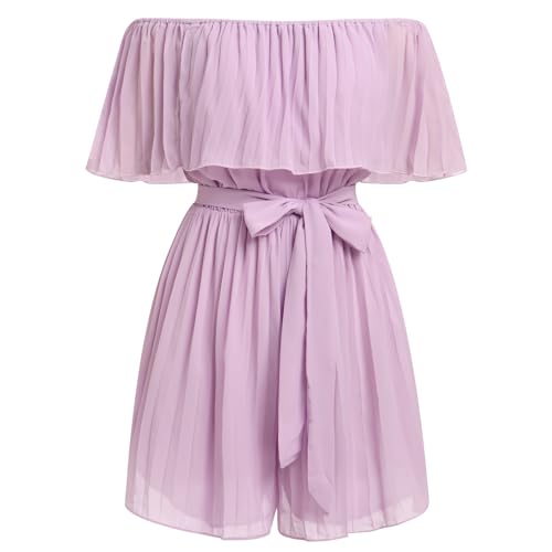FYMNSI Damen Off Shoulder Jumpsuit Schulterfreier Chiffon Jumpsuit Kurz Playsuit Overall mit G�rtel R�schen Plissee Elegant Mini Playsuit Boho Strand Rompers Bodysuit Strampler Partykleid Violett M von FYMNSI