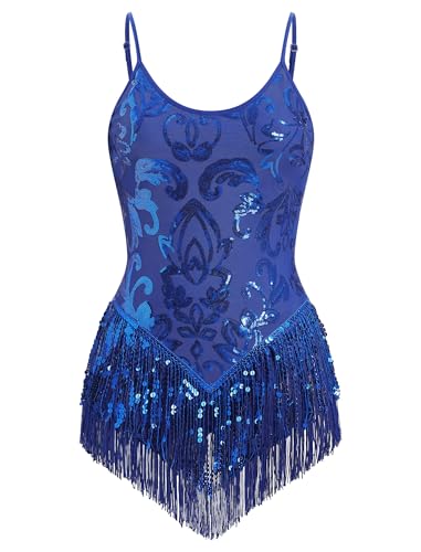 FYMNSI Damen Pailletten Latein Tanz Body Rave Outfit Ballettbody �rmellos Glitzer Gymnastikbody Quaste Bodysuit Damenbody Stringbody Trikot Leotard Overalls Turnanzug Ballettanzug K�nigsblau L von FYMNSI