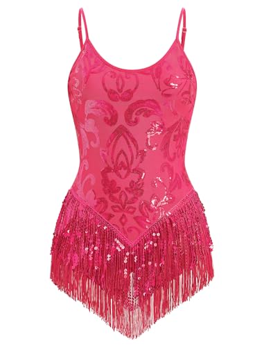 FYMNSI Damen Pailletten Latein Tanz Body Rave Outfit Ballettbody �rmellos Glitzer Gymnastikbody Quaste Bodysuit Damenbody Stringbody Trikot Leotard Overalls Turnanzug Ballettanzug Rose L von FYMNSI