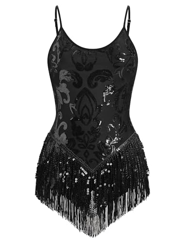 FYMNSI Damen Pailletten Latein Tanz Body Rave Outfit Ballettbody �rmellos Glitzer Gymnastikbody Quaste Bodysuit Damenbody Stringbody Trikot Leotard Overalls Turnanzug Ballettanzug Schwarz M von FYMNSI
