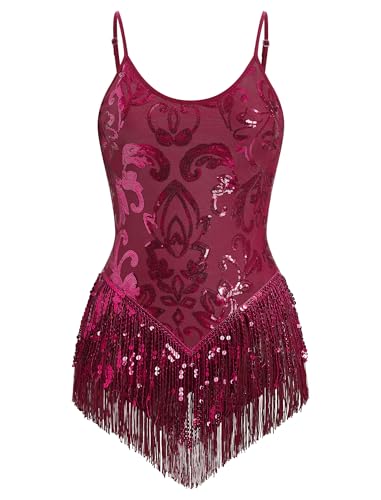 FYMNSI Damen Pailletten Latein Tanz Body Rave Outfit Ballettbody �rmellos Glitzer Gymnastikbody Quaste Bodysuit Damenbody Stringbody Trikot Leotard Overalls Turnanzug Ballettanzug Weinrot S von FYMNSI
