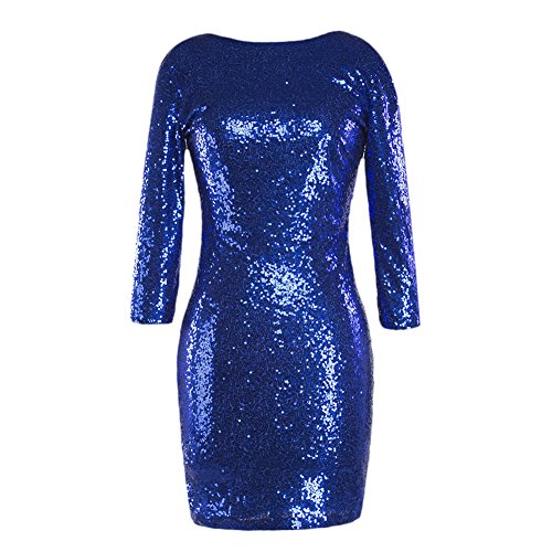 FYMNSI Damen Pailletten Minikleid 3/4 Arm Bodycon Partykleid Abendkleid Cocktailkleid Rockabilly Kleid Bleistiftkleid Etuikleid Glitzerndes Rundausschnitt Paillettenkleid Sexy Clubwear Blau M von FYMNSI