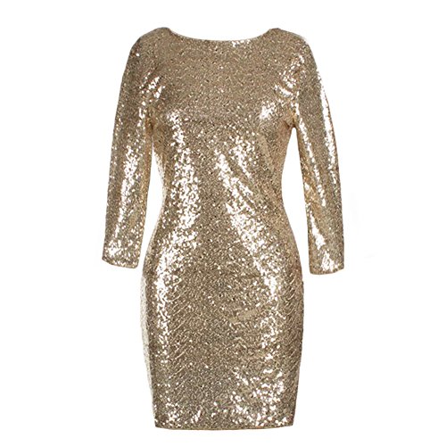 FYMNSI Damen Pailletten Minikleid 3/4 Arm Bodycon Partykleid Abendkleid Cocktailkleid Rockabilly Kleid Bleistiftkleid Etuikleid Glitzerndes Rundausschnitt Paillettenkleid Sexy Clubwear Gold S von FYMNSI