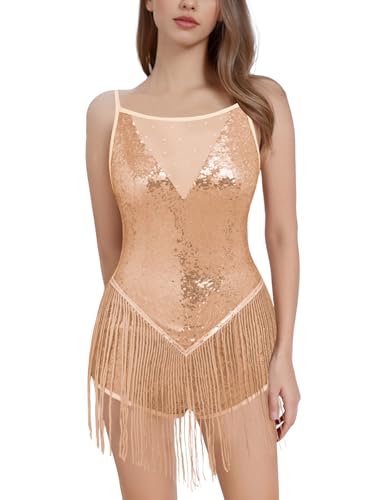 FYMNSI Damen Pailletten Quaste Bodysuit Musikfestivals Latein Tanz Body Rave Outfit Ballettbody Ärmellos Glitzer Gymnastikbody Damenbody Stringbody Trikot Leotard Turnanzug Einteiler Champagner M von FYMNSI