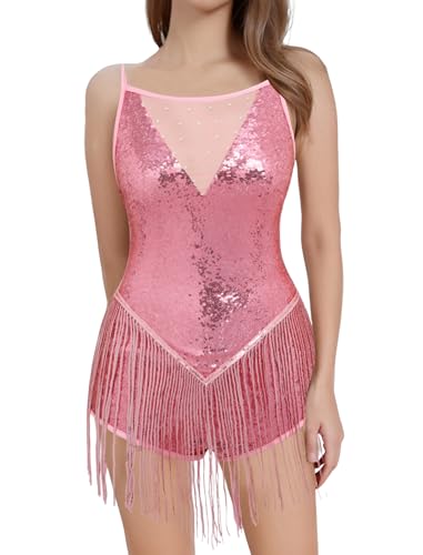 FYMNSI Damen Pailletten Quaste Bodysuit Musikfestivals Latein Tanz Body Rave Outfit Ballettbody Ärmellos Glitzer Gymnastikbody Damenbody Stringbody Trikot Leotard Turnanzug Einteiler Rosa L von FYMNSI