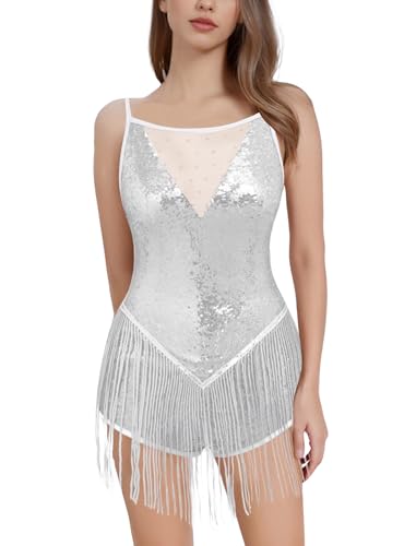 FYMNSI Damen Pailletten Quaste Bodysuit Musikfestivals Latein Tanz Body Rave Outfit Ballettbody Ärmellos Glitzer Gymnastikbody Damenbody Stringbody Trikot Leotard Turnanzug Einteiler Silber XL von FYMNSI