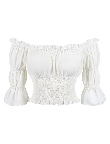 FYMNSI Damen Pirat Top Renaissance Bauernbluse Schulterfrei Kurzarm Gothic Lolita Boho Blusen Mittelalter Gesmokt Shirt Steampunk Rüschenbluse Wikinger Kleidung Kostüm Halloween Fasching Weiß S von FYMNSI