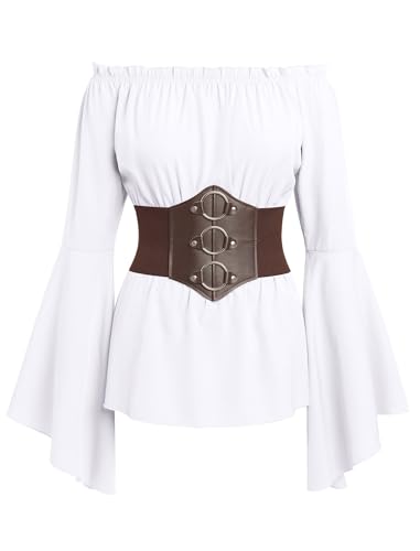 FYMNSI Damen Piraten Bluse, Viktorianische R�schenbluse Pirat Kost�m Schulterfrei Korsett Mittelalter Top Renaissance Bauernbluse Trompeten�rmel Gothic Blusen Gesmokt Steampunk Oberteile Wei� XL von FYMNSI