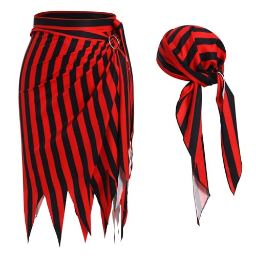 FYMNSI Damen Piraten Kost�m Piraten Rock Asymmetrische Schwarz Rot Gestreift Piratenrock mit Kopftuch Bandana Piratin Piratenkost�m f�r Halloween Party Fasching Karneval Cosplay Rot Einheitsgr��e von FYMNSI