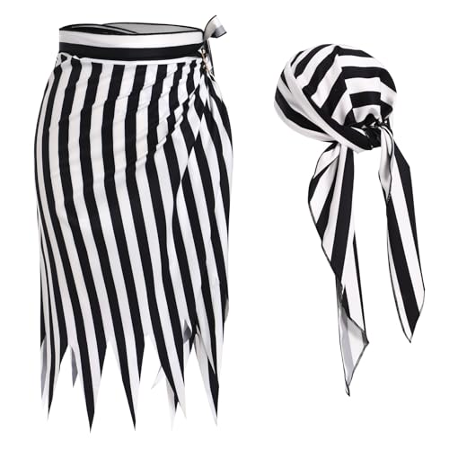 FYMNSI Damen Piraten Kost�m Piraten Rock Asymmetrische Schwarz Rot Gestreift Piratenrock mit Kopftuch Bandana Piratin Piratenkost�m f�r Halloween Party Fasching Karneval Cosplay Schwarz Einheitsgr��e von FYMNSI