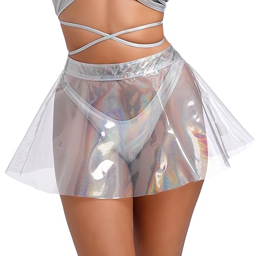 FYMNSI Damen Plastik Transparent Plissee Minirock Festival Rave Outfit Techno Frauen Glitzer Glänzend Neuheit Röcke Hohe Taille Durchsehen Mikro Rock Clubwear Motoparty Fasching Kostüme Laser L von FYMNSI