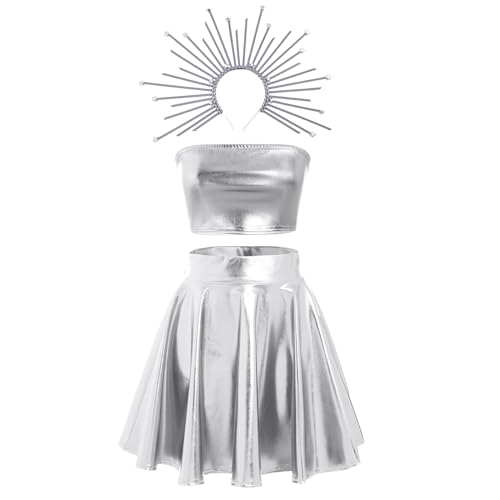 FYMNSI Damen R�mische G�ttin Kost�m Rave Tanz Outfit R�merin Aphrodite Cosplay Metallic Bandeau Top Faltenrock Stirnband Set f�r Halloween Party Fasching Karneval Griechisches Verkleidung Silber XXL von FYMNSI