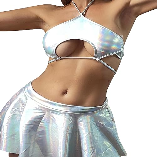 FYMNSI Damen Rave Outfit 3tlg Bikini Set Badeanzug Holografische BH Oberteil Slip Leder Wetlook Minirock für Festival Disco Tanz Clubwear Halloween Motto Party Fasching Kostüm 1Silber L von FYMNSI