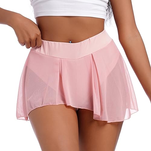 FYMNSI Damen Rave Outfit Techno Transparent Minirock Festival Pole Tanz Mini Rock mit Tanga Durchsichtig Hohe Taille Kurze Mesh Hosenrock Sommerrock Booty Shorts Gogo Clubwear Rosa L von FYMNSI