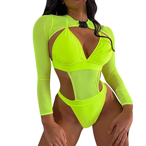 FYMNSI Damen Rave Outfits Techno Neon Body Crop Top mit Schnalle Langarm Badeanz?ge Bikini R?ckenfrei Monokini Y2K Mesh Raver Outfit f?r Festival Clubwear Party Strand Cover Up Bademode Gr?n L von FYMNSI