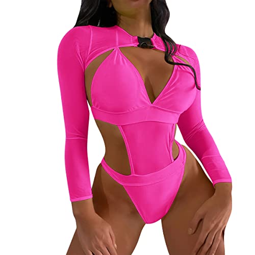 FYMNSI Damen Rave Outfits Techno Neon Body Crop Top mit Schnalle Langarm Badeanz?ge Bikini R?ckenfrei Monokini Y2K Mesh Raver Outfit f?r Festival Clubwear Party Strand Cover Up Bademode Rose L von FYMNSI