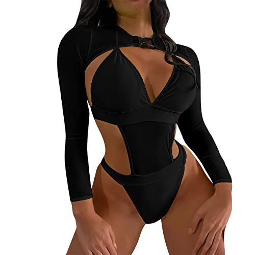 FYMNSI Damen Rave Outfits Techno Neon Body Crop Top mit Schnalle Langarm Badeanz?ge Bikini R?ckenfrei Monokini Y2K Mesh Raver Outfit f?r Festival Clubwear Party Strand Cover Up Bademode Schwarz L von FYMNSI