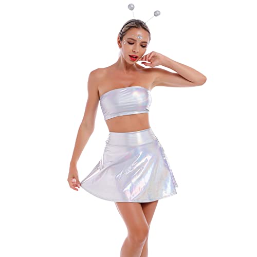 FYMNSI Damen Rave Tanz Outfit Au?erirdisches Alien Kost?m Gl?nzed Metallic Wetlook Bandeau Top und Hohe Taille Minirock Haarband Set Leder Optik Oberteil Sexy Gogo Clubwear Fasching 2# Silber Laser L von FYMNSI