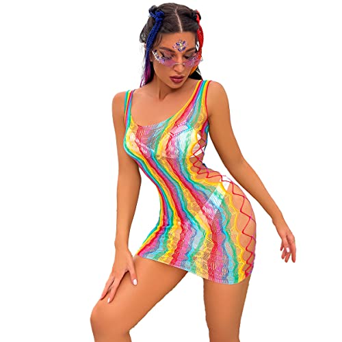 FYMNSI Damen Regenbogen Durchsichtig Fischnetz Ärmellos Mini Kleid Babydoll Bunte Mesh Netz Minikleid Bodycon Rave Festival Clubwear Nachtwäsche Negligee Dessous Erotik Badeanzug Cover Up Kleid von FYMNSI