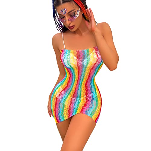 FYMNSI Damen Regenbogen Durchsichtig Fischnetz Schulterfrei Bandeau Mini Kleid Babydoll Bunte Mesh Netz Minikleid Bodycon Rave Festival Clubwear Nachtwäsche Negligee Dessous Erotik Cover Up Minikleid von FYMNSI