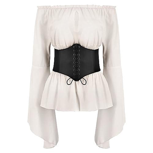 FYMNSI Damen Renaissance Bauernbluse Schulterfrei Tops Trompeten?rmel Gothic Boho Bluse Mittelalter Gesmokt Langarmshirt mit G?rtel Korsett Pirat Steampunk Wikinger Kleidung Kost?m Halloween Rahm L von FYMNSI