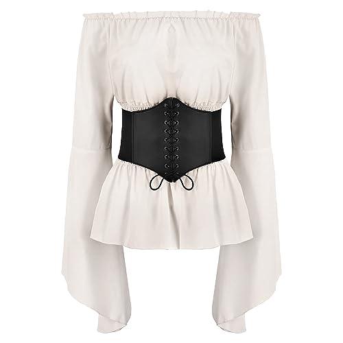 FYMNSI Damen Renaissance Bauernbluse Schulterfrei Tops Trompeten?rmel Gothic Boho Bluse Mittelalter Gesmokt Langarmshirt mit G?rtel Korsett Pirat Steampunk Wikinger Kleidung Kost?m Halloween Rahm S von FYMNSI