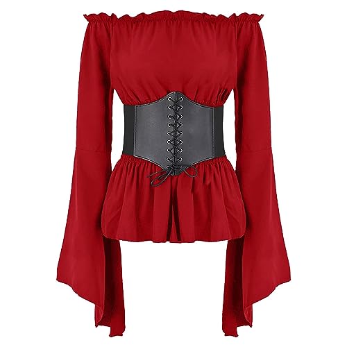 FYMNSI Damen Renaissance Bauernbluse Schulterfrei Tops Trompeten?rmel Gothic Boho Bluse Mittelalter Gesmokt Langarmshirt mit G?rtel Korsett Pirat Steampunk Wikinger Kleidung Kost?m Halloween Rot S von FYMNSI