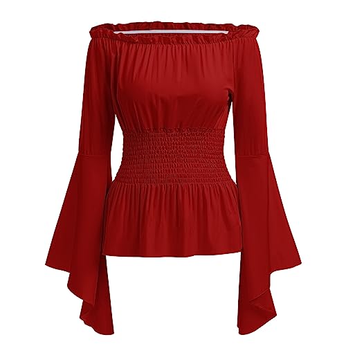 FYMNSI Damen Renaissance Bauernbluse Schulterfrei Tops Trompeten?rmel Gothic Lolita Boho Bluse Mittelalter Gesmokt Langarmshirt Pirat Steampunk R?schenbluse Wikinger Kleidung Kost?m Halloween Rot L von FYMNSI