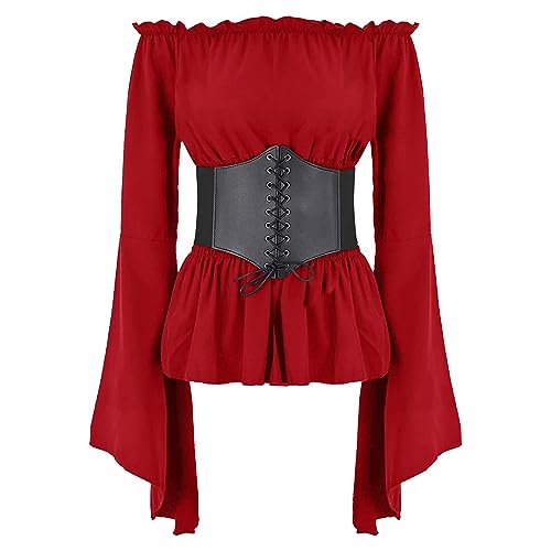 FYMNSI Damen Renaissance Bauernbluse Schulterfrei Tops Trompeten?rmel Gothic Boho Bluse Mittelalter Gesmokt Langarmshirt mit G?rtel Korsett Pirat Steampunk Wikinger Kleidung Kost?m Halloween Rot L von FYMNSI