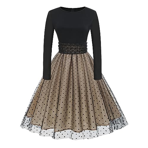 FYMNSI Damen Rockabilly Kleid 50er Jahre Abendkleider Elegant Hochzeit Gast Festliches Retro Vintage 1950er Langarm Herbstkleid Gepunktet Cocktailkleid Midi Partykleid Winter Abschlusskleid Khaki XL von FYMNSI