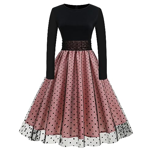 FYMNSI Damen Rockabilly Kleid 50er Jahre Abendkleider Elegant Hochzeit Gast Festliches Retro Vintage 1950er Langarm Herbstkleid Gepunktet Cocktailkleid Midi Partykleid Winter Abschlusskleid Rosa S von FYMNSI