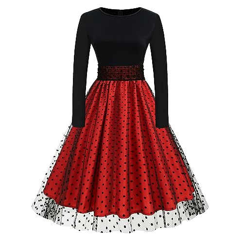 FYMNSI Damen Rockabilly Kleid 50er Jahre Abendkleider Elegant Hochzeit Gast Festliches Retro Vintage 1950er Langarm Herbstkleid Gepunktet Cocktailkleid Midi Partykleid Winter Abschlusskleid Rot XXL von FYMNSI