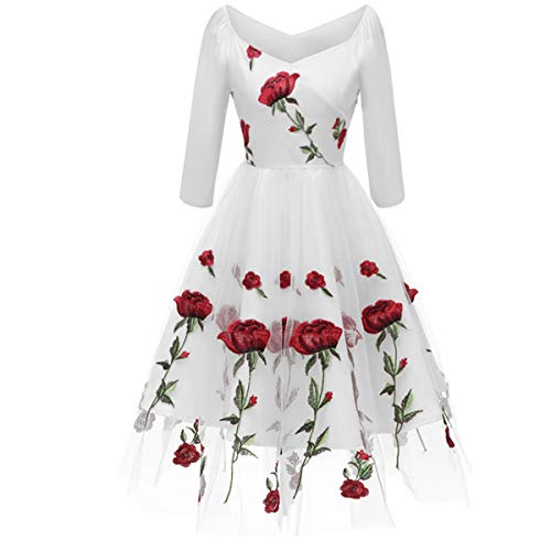 FYMNSI Damen Rockabilly Kleid Vintage 1950er Partykleid Knielang Brautkleid Schulterfrei Tüllkleid Abendkleid Rose Stickerei Elegant Hochzeit Brautjunfernkleid Festliches Cocktailkleid Weiß Langarm S von FYMNSI