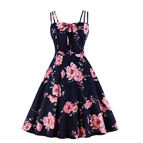 FYMNSI Damen Sommer Kleid Trägerkleid Vintage Blumendruck Casual Plissee Midikleid Rockabilly Schwingen Cocktail Faltenrock A-Linie Partykleid Festkleid Ballkleid Strandkleid Marineblau + Rosa M von FYMNSI