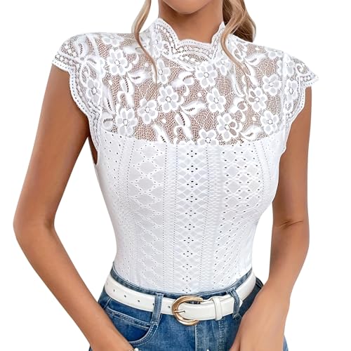 FYMNSI Damen Spitze Top Sommer Rollkragen Oberteile Elegant Durchsichtiges Spitzentop Shirt Kappen?rmel Blusen Tuniken Weiss Blusentop Basic L?ssige T-Shirt Party Hochzeit Cocktail Wei? S von FYMNSI