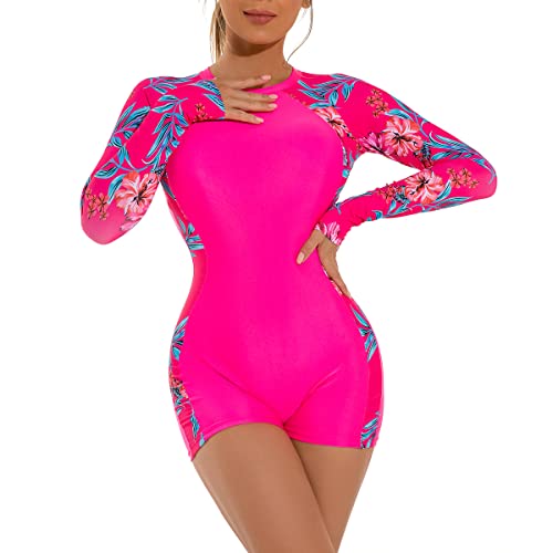 FYMNSI Damen Surfanzug Badeanzug mit Bein R?ckenfrei Einteiler Langarm Rashguard UPF 50+ Bademode Surfen Schwimmanzug Blumen Bedruckt Bauchweg Sportlich Sonnenschutz Badebekleidung Rose S von FYMNSI