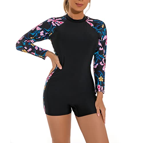 FYMNSI Damen Surfanzug Badeanzug mit Bein Rei?verschluss Einteiler Langarm Rashguard UPF 50+ Bademode Surfen Schwimmanzug Blumen Bedruckt Bauchweg Sportlich Sonnenschutz Badebekleidung Rosa XL von FYMNSI