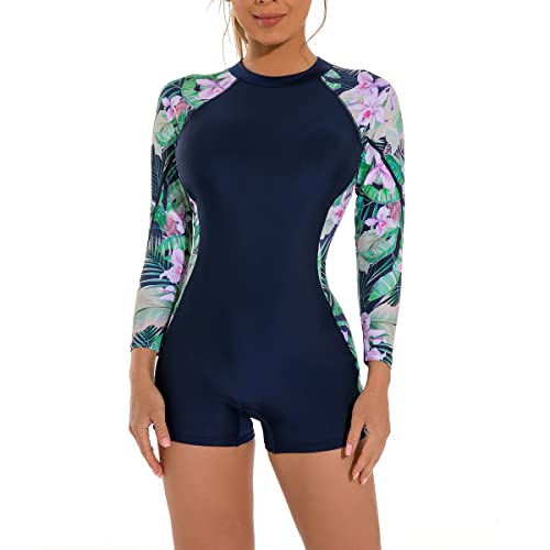 FYMNSI Damen Surfanzug Badeanzug mit Bein Rei?verschluss Einteiler Langarm Rashguard UPF 50+ Bademode Surfen Schwimmanzug Blumen Bedruckt Bauchweg Sportlich Sonnenschutz Badebekleidung Marineblau XL von FYMNSI