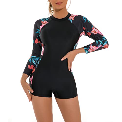 FYMNSI Damen Surfanzug Badeanzug mit Bein Reißverschluss Einteiler Langarm Rashguard UPF 50+ Bademode Surfen Schwimmanzug Blumen Bedruckt Bauchweg Sportlich Sonnenschutz Badebekleidung Rot Blumen XL von FYMNSI