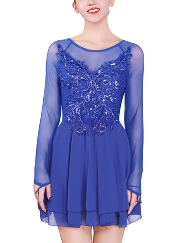 FYMNSI Damen Tanzkleid Eiskunstlauf Kleid Langarm K�rkleid Rollkunstlauf Wettbewerb Tanzanzug mit Pailletten Blumen Mesh Chiffon Rock Ballettkleid Gymnastik Leotard Turnanzug Tanzkost�m K�nigsblau L von FYMNSI