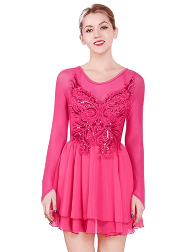FYMNSI Damen Tanzkleid Eiskunstlauf Kleid Langarm K�rkleid Rollkunstlauf Wettbewerb Tanzanzug mit Pailletten Blumen Mesh Chiffon Rock Ballettkleid Gymnastik Leotard Turnanzug Tanzkost�m Rose XL von FYMNSI