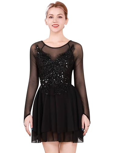FYMNSI Damen Tanzkleid Eiskunstlauf Kleid Langarm K�rkleid Rollkunstlauf Wettbewerb Tanzanzug mit Pailletten Blumen Mesh Chiffon Rock Ballettkleid Gymnastik Leotard Turnanzug Tanzkost�m Schwarz S von FYMNSI