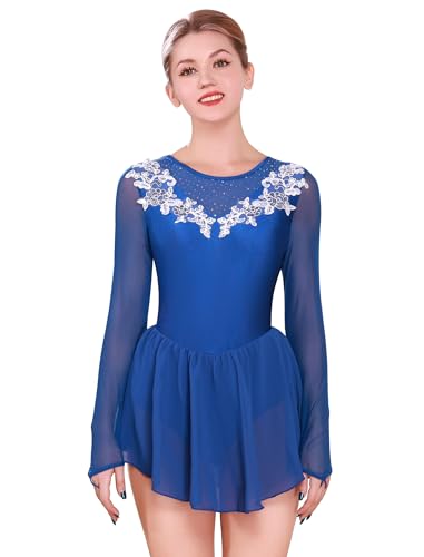 FYMNSI Damen Tanzkleid Eiskunstlauf Kleid Langarm K�rkleid Rollkunstlauf Wettbewerb Tanzanzug mit Strass Blumen Mesh Chiffon Rock Ballettkleid Gymnastik Leotard Turnanzug Tanzkost�m K�nigsblau XL von FYMNSI