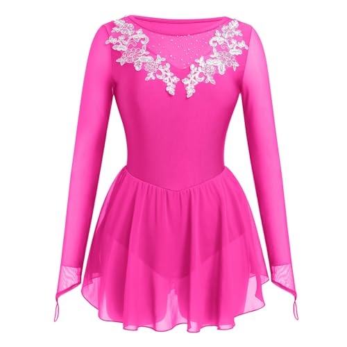 FYMNSI Damen Tanzkleid Eiskunstlauf Kleid Langarm K�rkleid Rollkunstlauf Wettbewerb Tanzanzug mit Strass Blumen Mesh Chiffon Rock Ballettkleid Gymnastik Leotard Turnanzug Tanzkost�m Rose S von FYMNSI