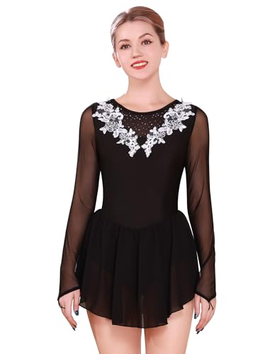 FYMNSI Damen Tanzkleid Eiskunstlauf Kleid Langarm K�rkleid Rollkunstlauf Wettbewerb Tanzanzug mit Strass Blumen Mesh Chiffon Rock Ballettkleid Gymnastik Leotard Turnanzug Tanzkost�m Schwarz XL von FYMNSI