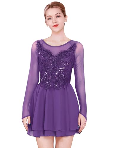 FYMNSI Damen Tanzkleid Eiskunstlauf Kleid Langarm K�rkleid Rollkunstlauf Wettbewerb Tanzanzug mit Pailletten Blumen Mesh Chiffon Rock Ballettkleid Gymnastik Leotard Turnanzug Tanzkost�m Lila L von FYMNSI