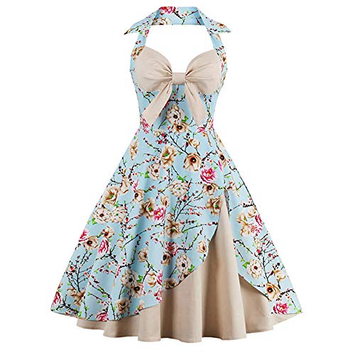 FYMNSI Damen Vintage 1950er Partykleid Rockabilly Ärmellos Pin Up Retro Cocktailkleid Neckholder Petticoat Faltenrock A-Linie Ballkleid mit Blumendruck Abendkleid Knielang Sommerkleid Apricot L von FYMNSI