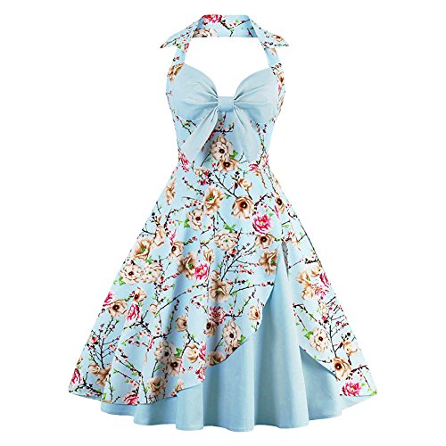 FYMNSI Damen Vintage 1950er Partykleid Rockabilly Ärmellos Pinup Retro Cocktailkleid Neckholder Petticoat Faltenrock A-Linie Ballkleid mit Blumendruck Abendkleid Printkleid Petticoat Knielang Kleid von FYMNSI